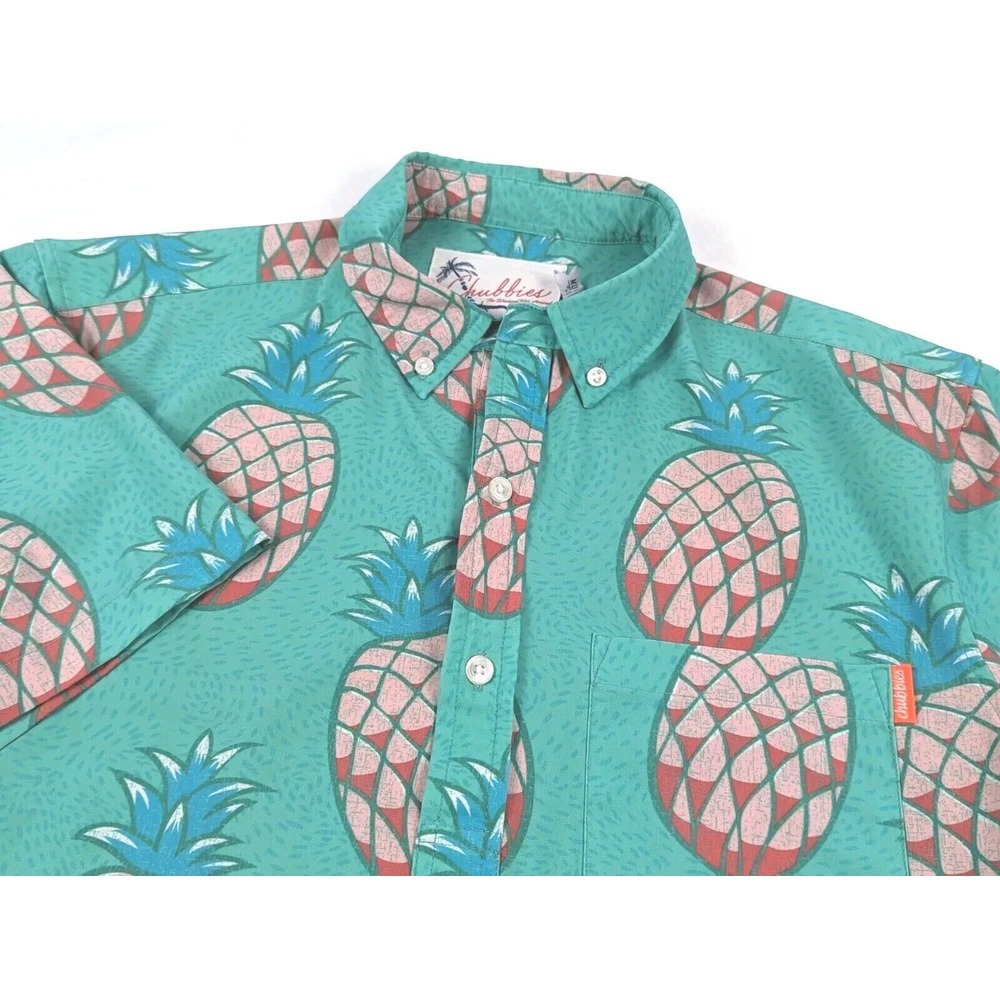 Chubbies Mens Medium Pineapple Performance Short Sleeve Popover Shirt Teal Green